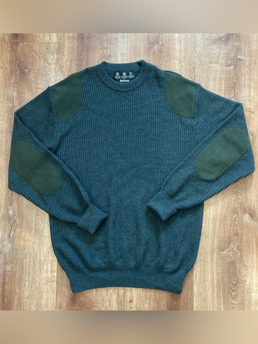 Barbour Sporting Sweater Mens Medium Crewneck Green Merino Wool Elbow Patches